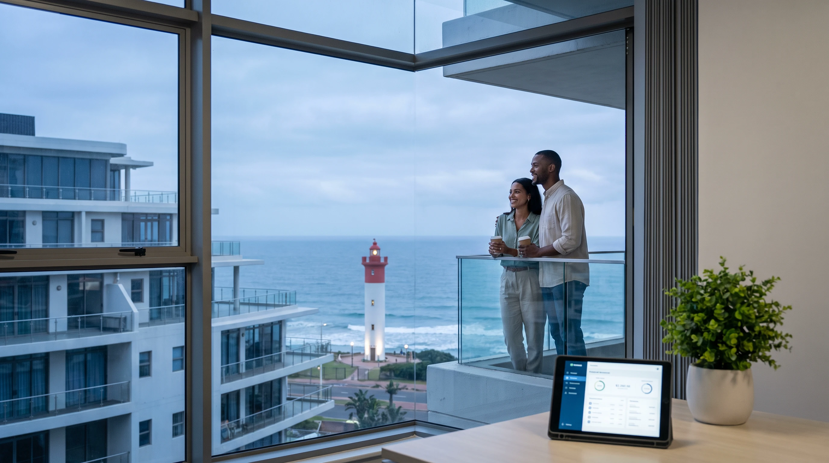 A couple looking out over the Umhlanga lighthouse and ocean at dusk from a high apartment